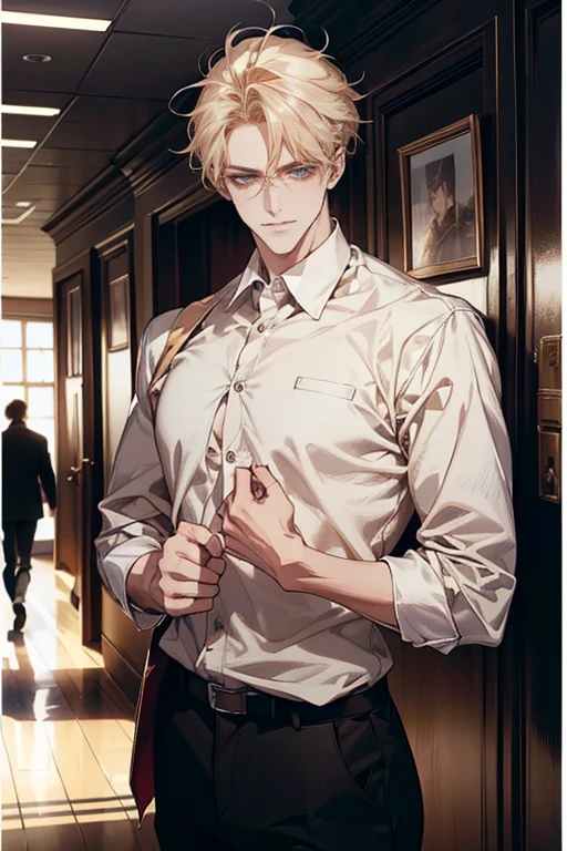 (tmasterpiece, high resolution, ultra - detailed:1.0), (1 boy, Young male, masculine face), Perfect male body, tall and strong, Adult male, Delicate eyes and delicate face, Extremely detailed CG, Unity 8k wallpaper, Complicated details, Detailed face, (blond hair, messy hair, serious faces, white shirts,Bad students), (frown,evil smile:1.3), stad in school corridor, street style, color difference, Depth of field, dramatic shadow, Ray tracing, Best quality, Cinematic lighting, offcial art,Portrait