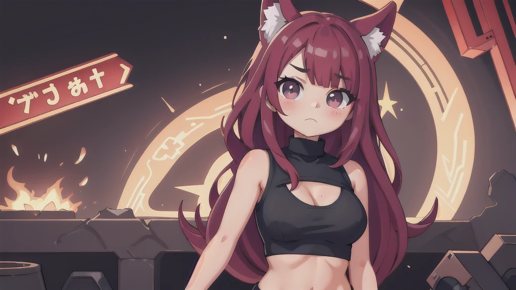(extremely detailed CG unity 2k wallpaper),(anime coloring),(masterpiece),(best quality),(ultra-detailed),(best illustration),(best shadow),(absurdres),(detailed background), Erza Scarlett, 1girl, solo, long hair, black eyes, hair over one eye, sleeveless, breasts, shirt, black shirt, red hair, upper body, looking at viewer, sleeveless shirt, frown, bare shoulders, turtleneck, closed mouth, collarbone, medium breasts
