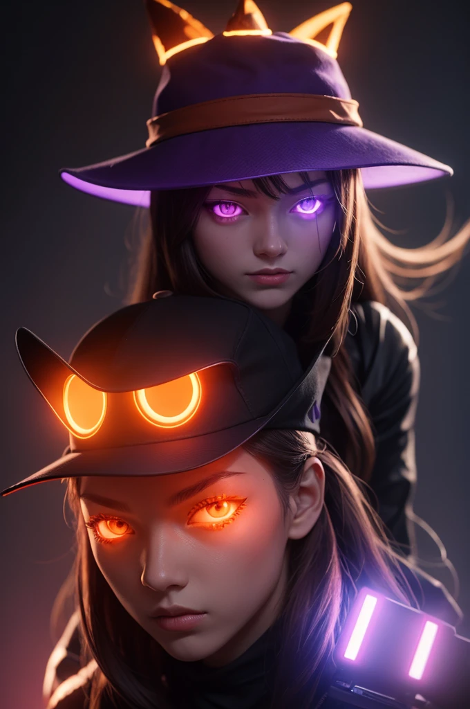 A character with an orange hat with glowing purple eyes