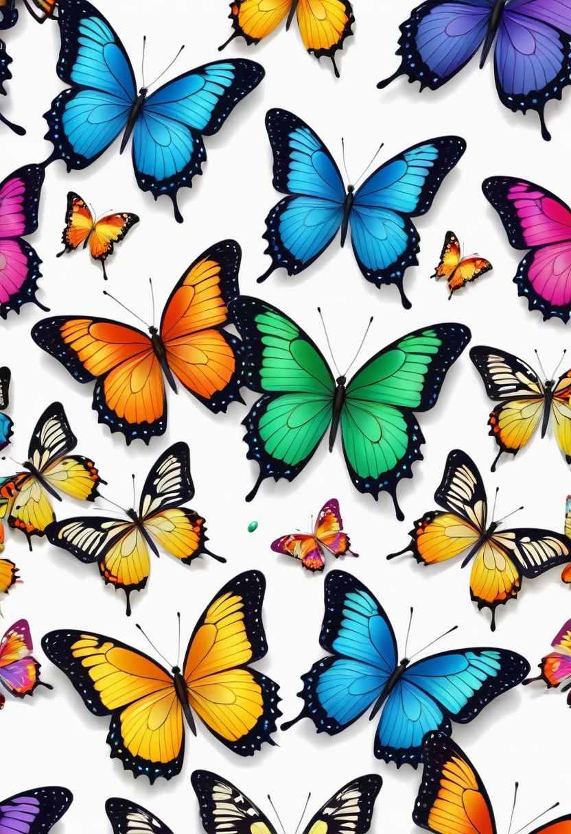 a group of colorful Butterfly on a white background, flowers and Butterfly, harmony of Butterfly, Repeating pattern. Seamless, Butterfly, Butterfly in the foreground, Butterfly and worms, Butterfly pop art, Butterfly and birds, Summer color pattern, Complex Mode, Butterfly flying, Butterfly, Seamless pattern design, Repeating Pattern, The background is white, Very detailed pattern, Color HD pictures