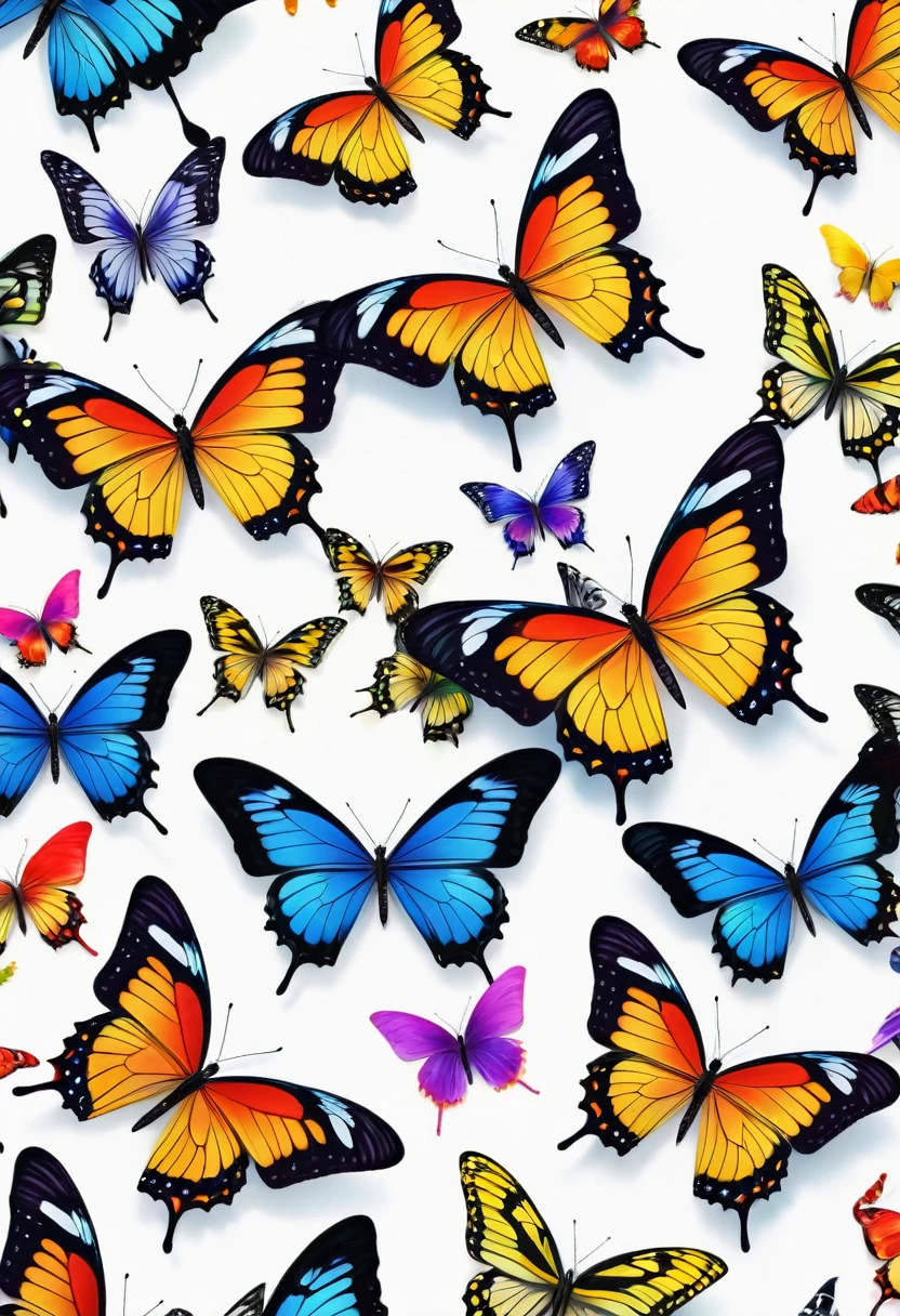 a group of colorful Butterfly on a white background, flowers and Butterfly, harmony of Butterfly, Repeating pattern. Seamless, Butterfly, Butterfly in the foreground, Butterfly and worms, Butterfly pop art, Butterfly and birds, Summer color pattern, Complex Mode, Butterfly flying, Butterfly, Seamless pattern design, Repeating Pattern, The background is white, Very detailed pattern, Color HD pictures