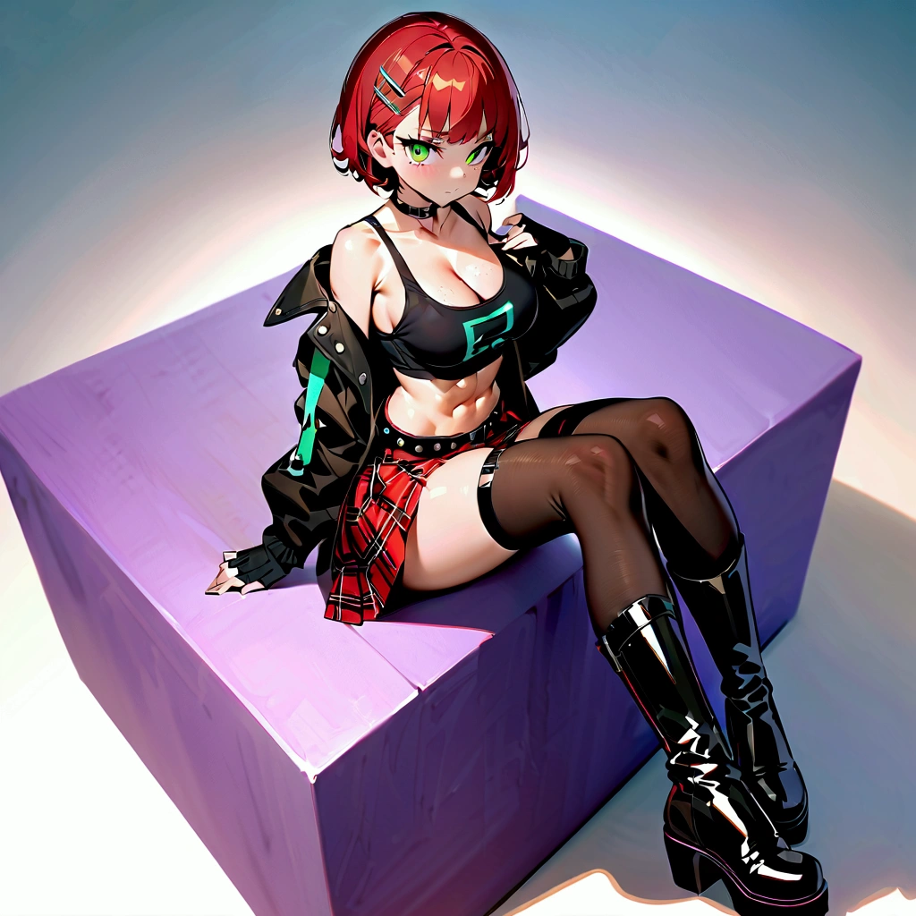 woman, curly red pixie cut hair, green eyes, wearing crop top black shirt, long black jacket, red plaid skirt, (black knee high boots), black fingerless gloves, exposed shoulders, (full body), large  freckles, cleavaglooking at viewer, masterpiece, best quality, an14, Holo-Punk Style, sitting cross legged