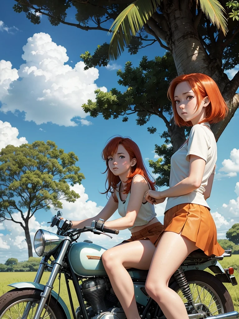 anime scene, tropical field in day light, clear sky, puffy clouds, beautiful anime landscape, anime movie background, high quality desktop wallpaper, landscape wallpaper, from very distance under teak tree, there is a pretty redhead pale girl, freckles skin, wearing short skirt, sitting on a old classic 70s motorcycle