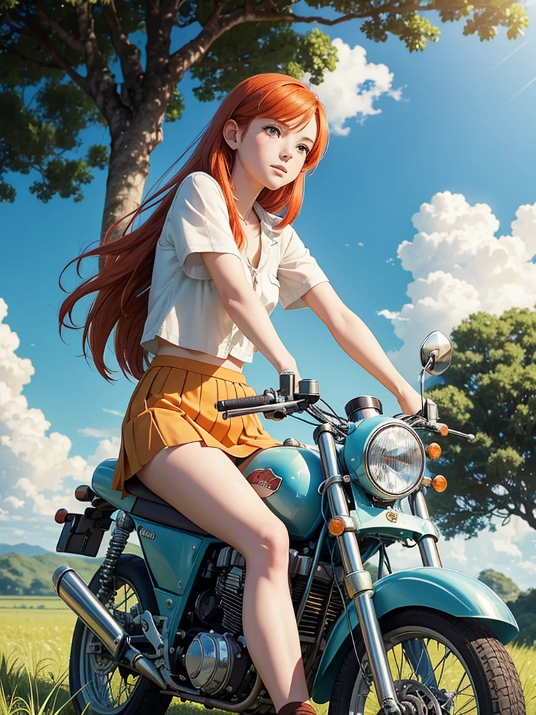 anime scene, tropical field in day light, clear sky, puffy clouds, beautiful anime landscape, anime movie background, high quality desktop wallpaper, landscape wallpaper, from very distance under teak tree, there is a pretty redhead pale girl, freckles skin, wearing short skirt, sitting on a old classic 70s motorcycle