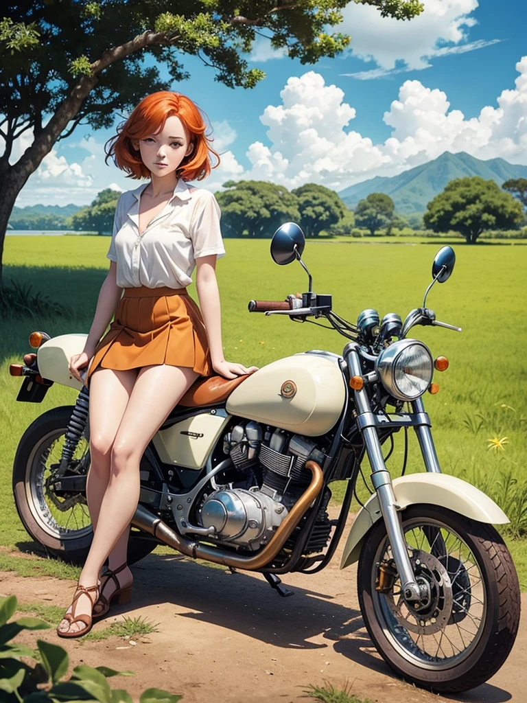 anime scene, tropical field in day light, clear sky, puffy clouds, beautiful anime landscape, anime movie background, high quality desktop wallpaper, landscape wallpaper, from very distance under teak tree, there is a pretty redhead pale girl, freckles skin, wearing short skirt, sitting on a old classic 70s motorcycle