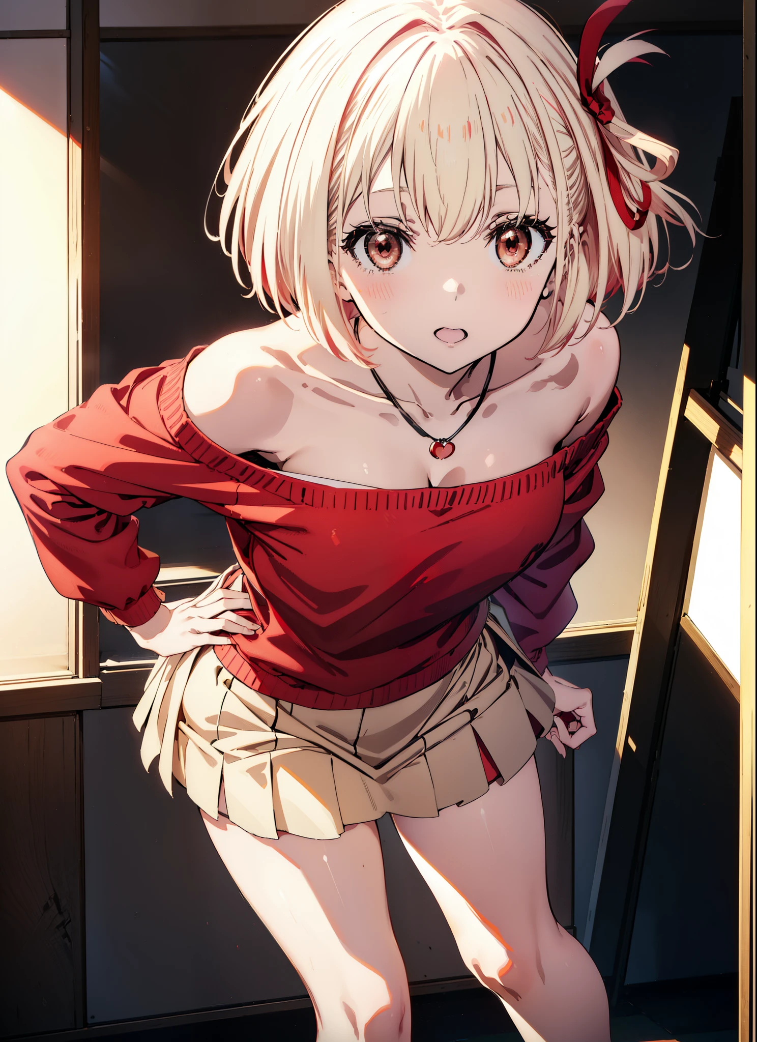 Chisato Nishikigi, short hair, bangs, Blonde, (Red eyes:1.5), hair ribbon, One side up, Bobcut,happy smile, smile, Open your mouth,Heart-shaped necklace,Bare neck,Bare shoulders,bare clavicle,Red one-shoulder sweater,mini skirt,Black pantyhose,short boots,Walking,whole bodyがイラストに入るように,
break indoors,School,canteen,
break looking at viewer, whole body,
break (masterpiece:1.2), Highest quality, High resolution, unity 8k wallpaper, (figure:0.8), (Beautiful attention to detail:1.6), Highly detailed face, Perfect lighting, Highly detailed CG, (Perfect hands, Perfect Anatomy),