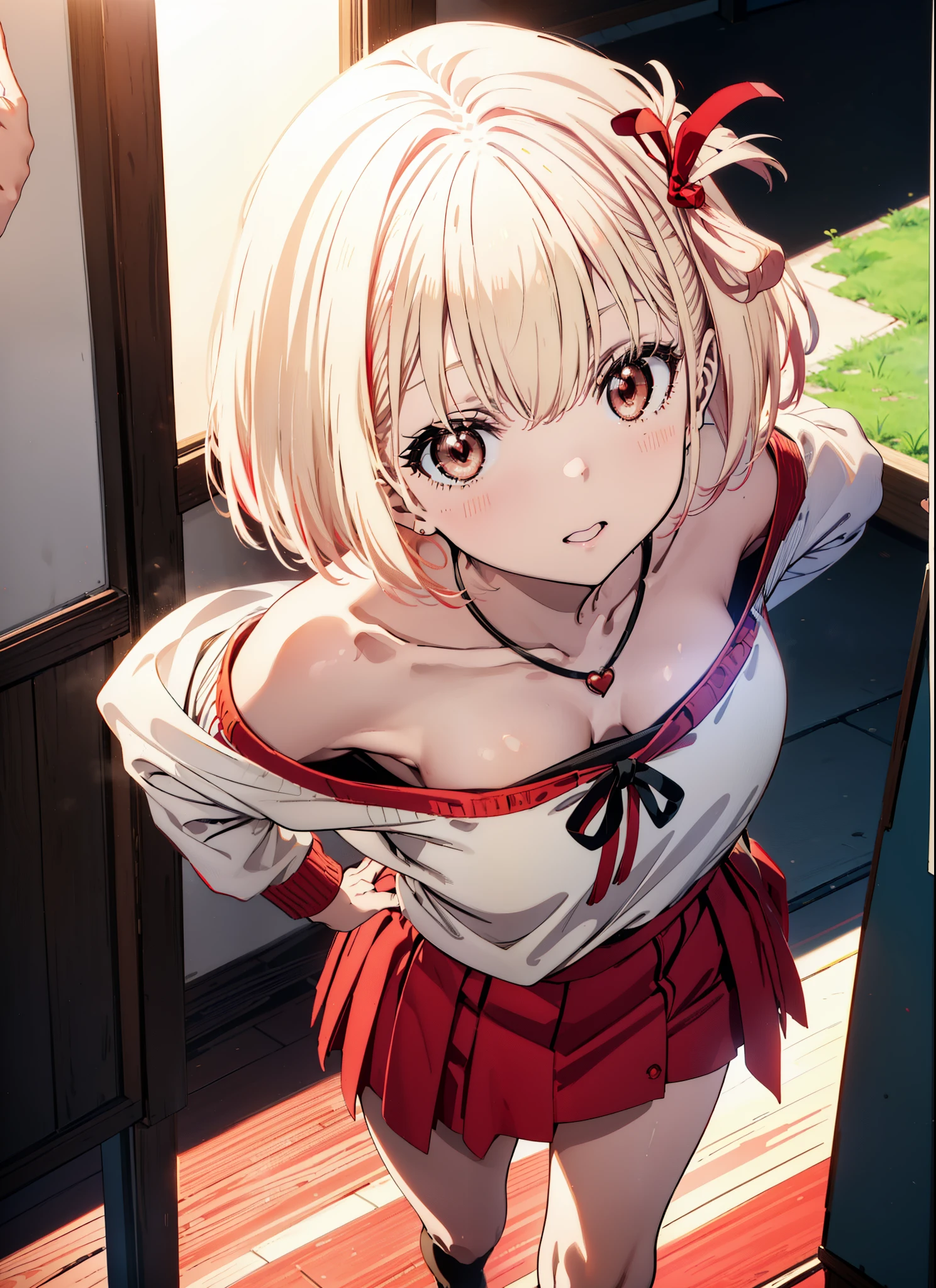 Chisato Nishikigi, short hair, bangs, Blonde, (Red eyes:1.5), hair ribbon, One side up, Bobcut,happy smile, smile, Open your mouth,Heart-shaped necklace,Bare neck,Bare shoulders,bare clavicle,Red one-shoulder sweater,mini skirt,Black pantyhose,short boots,Walking,whole bodyがイラストに入るように,
break indoors,School,canteen,
break looking at viewer, whole body,
break (masterpiece:1.2), Highest quality, High resolution, unity 8k wallpaper, (figure:0.8), (Beautiful attention to detail:1.6), Highly detailed face, Perfect lighting, Highly detailed CG, (Perfect hands, Perfect Anatomy),