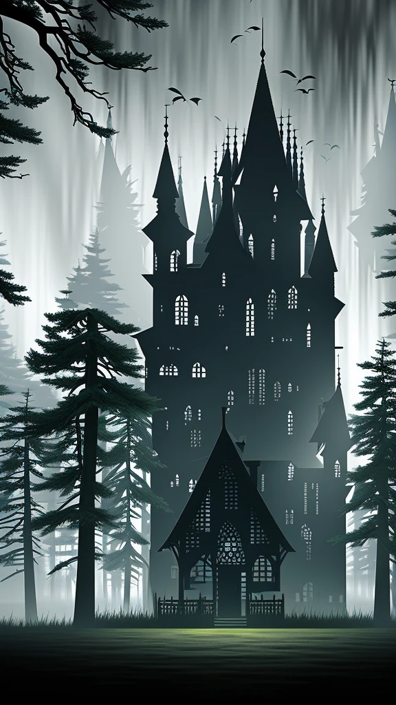 a dark mansion in a pine forest, moonlit night, tall dark silhouette of a figure, eerie atmosphere, moody lighting, detailed architectural elements, gloomy mood, dramatic shadows, photorealistic, cinematic, muted color palette, gothic, horror, mystery, monster, big house