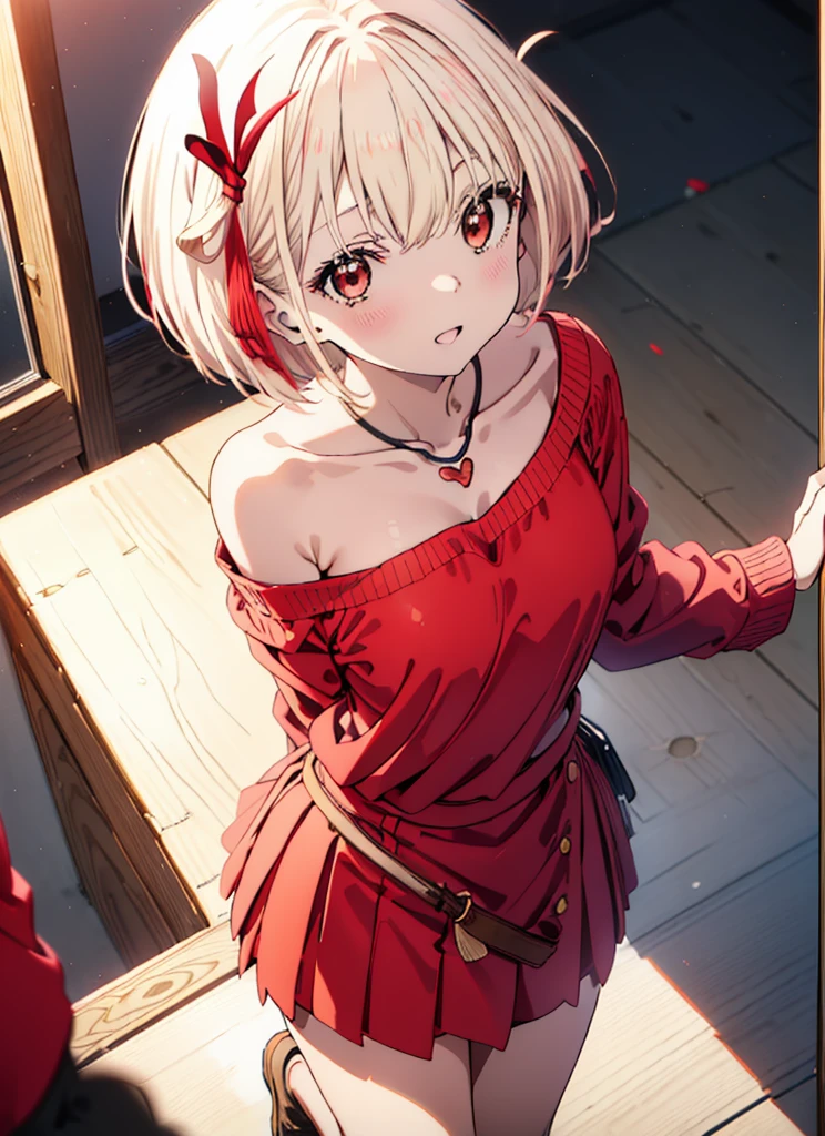 Chisato Nishikigi, short hair, bangs, Blonde, (Red eyes:1.5), hair ribbon, One side up, Bobcut,happy smile, smile, Open your mouth,Heart-shaped necklace,Bare neck,Bare shoulders,bare clavicle,Red one-shoulder sweater,mini skirt,Black pantyhose,short boots,Walking,whole bodyがイラストに入るように,
break indoors,School,canteen,
break looking at viewer, whole body,
break (masterpiece:1.2), Highest quality, High resolution, unity 8k wallpaper, (figure:0.8), (Beautiful attention to detail:1.6), Highly detailed face, Perfect lighting, Highly detailed CG, (Perfect hands, Perfect Anatomy),