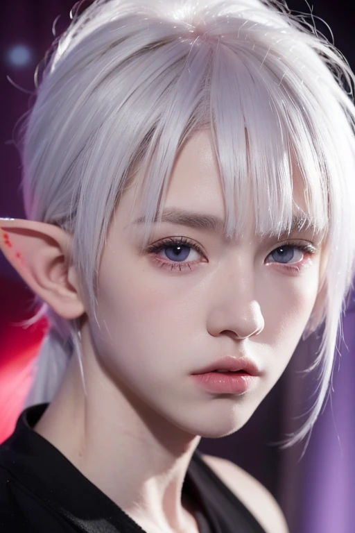 A  boy with medium white hair and red bangs, albino skin, purple eyes with star pupils, elf ears and a black star shirt and heart tattoo on his cheek