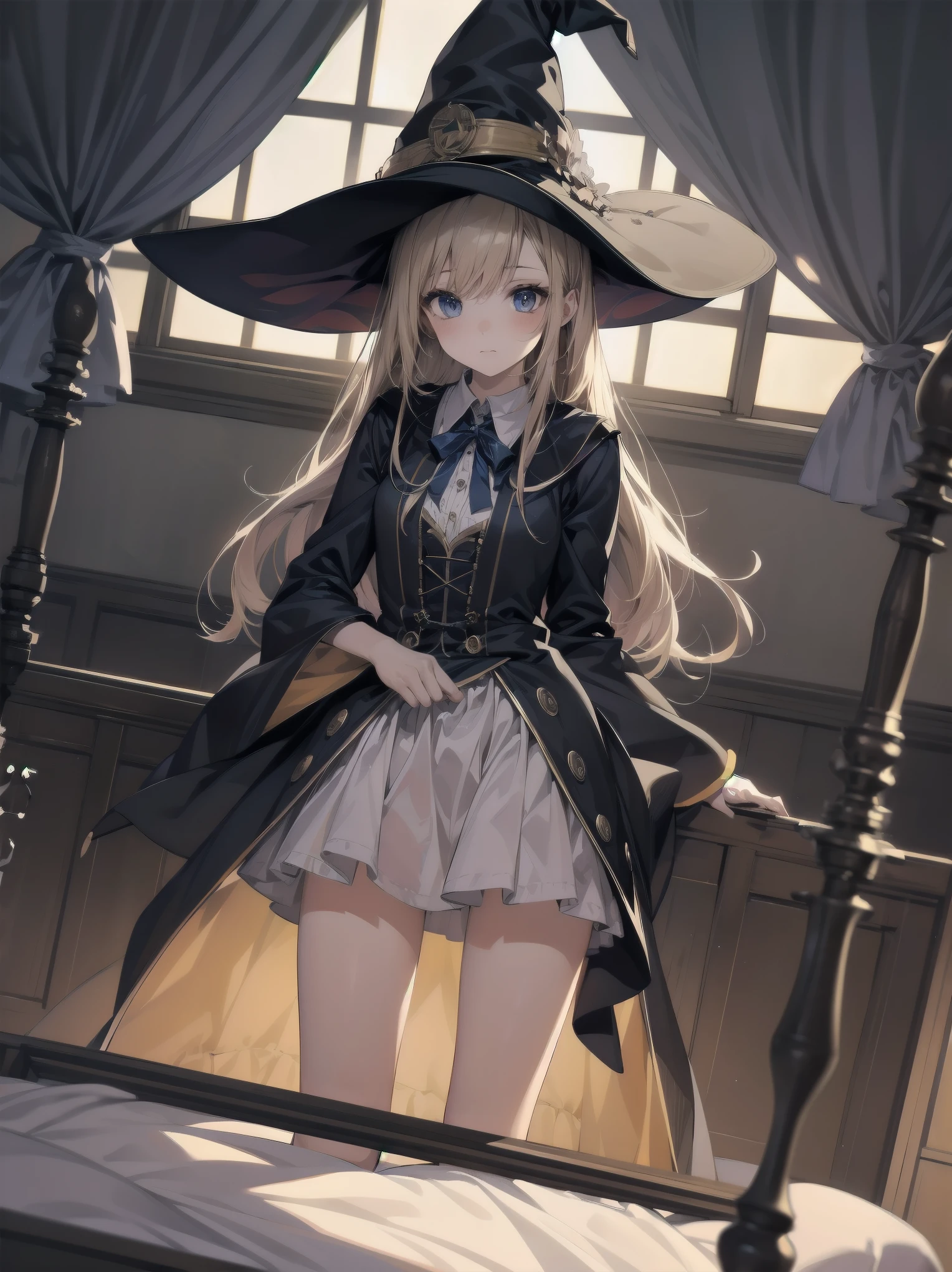 masterpiece, illustration, super detailed, kawaii, one girl, solo, witch in super cute pose, bed room, cowboy shot ,sfw, Dynamic angle