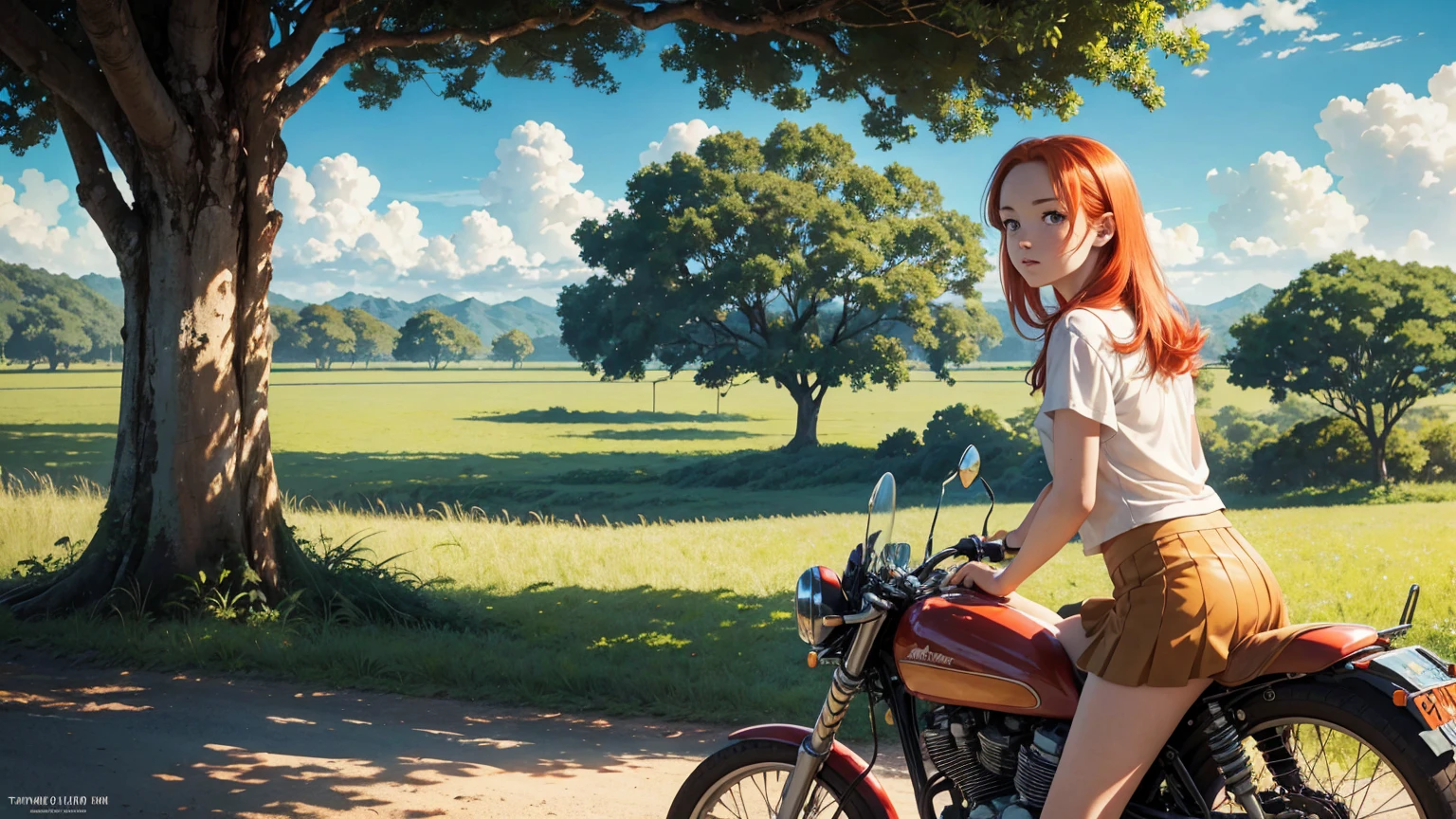 anime scene, tropical field in day light, clear sky, puffy clouds, beautiful anime landscape, anime movie background, high quality desktop wallpaper, landscape wallpaper, from very distance under teak tree, there is a pretty redhead pale girl, freckles skin, wearing short skirt, sitting on a old classic 70s motorcycle