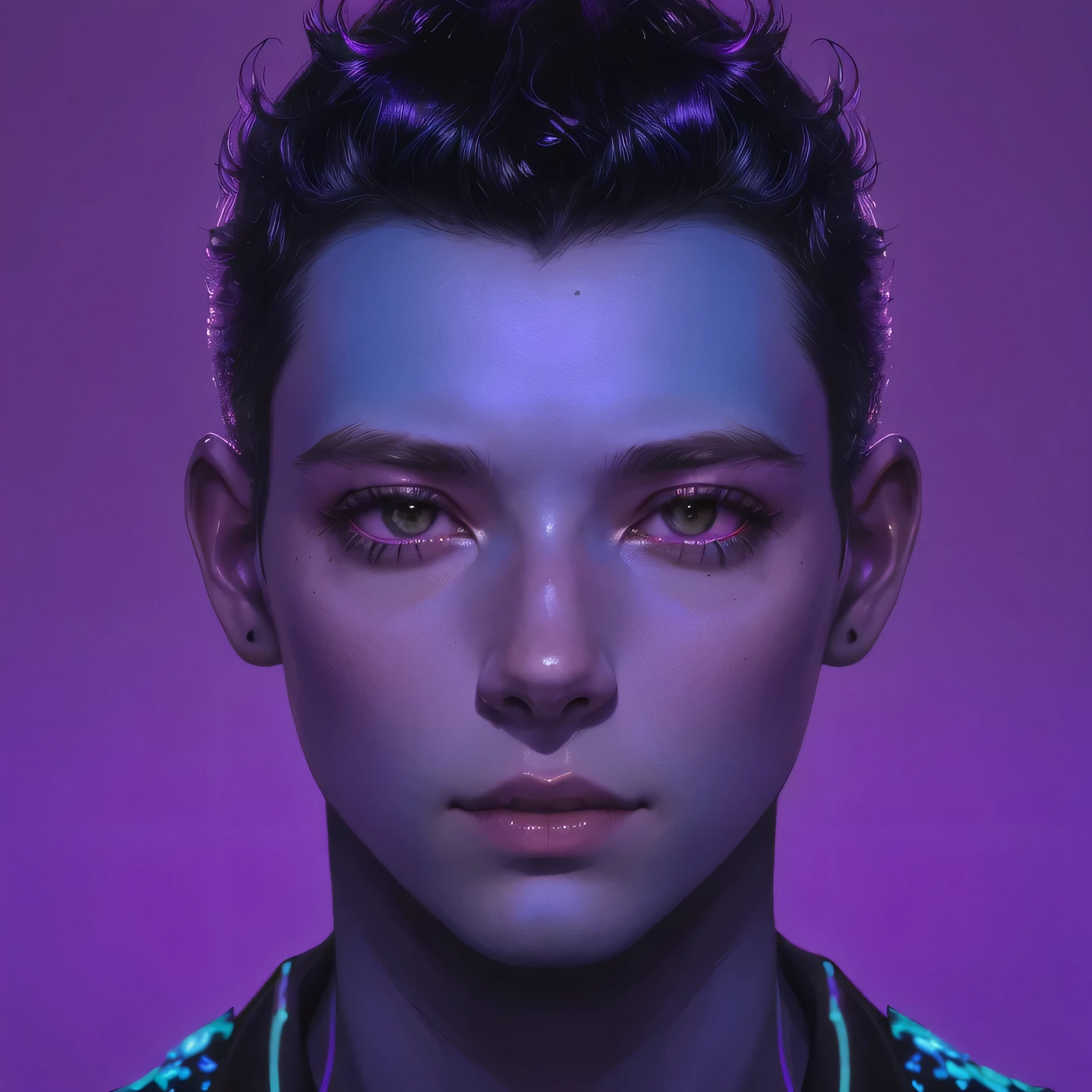 a close up of a person with a purple background, greg beetle, inspired by Yanjun Cheng, eleven/milie bobbie marrom, beetle. hyperReality, portrait of a teenager, Yuri Shwedoff e Tom Bagshaw, Reality | beetle, symmetrical portrait science fiction, wojtek fus, Retrato ciberpunk, recusion beetle, mon, naughty man