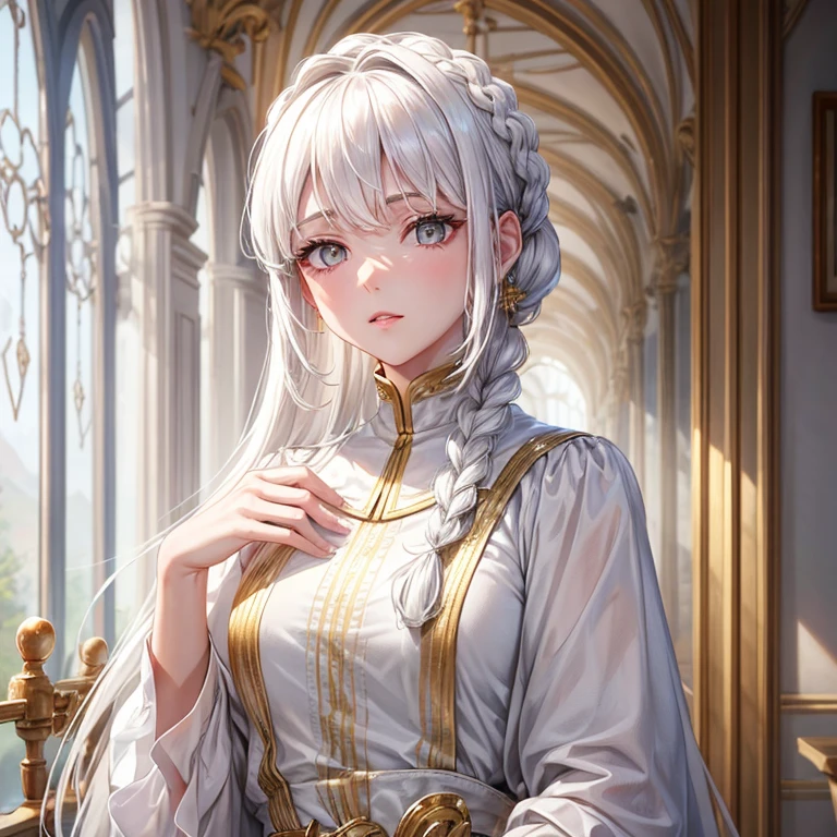 best quality, masterpiece,White hair, Golden Eyes,White clothes, look up, Upper Body,Hair,White skin,Side Braid