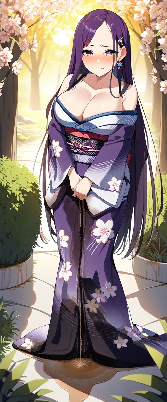 (masterpiece:1.37), best quality, (extremely detailed:1.37), (1girl:1.5), woman, (mature:1.5), (adult:1.5), large breasts, very long hair, (straight hair:1.5), (very dark purple hair:1.5), purple eyes, (extremely detailed eyes:1.37), (furisode:2.0), desperation, (wetting self:2.0), standing, embarrassed, humiliation, blushing, angry, cherry blossoms, garden, (golden hour:1.5), full body
