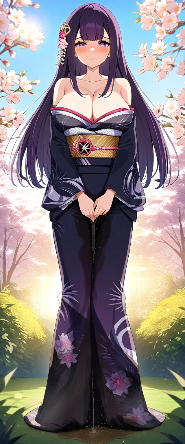 (masterpiece:1.37), best quality, (extremely detailed:1.37), (1girl:1.5), woman, (mature:1.5), (adult:1.5), large breasts, very long hair, (straight hair:1.5), (very dark purple hair:1.5), purple eyes, (extremely detailed eyes:1.37), (furisode:2.0), desperation, (wetting self:2.0), standing, embarrassed, humiliation, blushing, angry, cherry blossoms, garden, (golden hour:1.5), full body