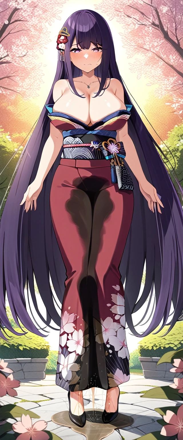 (masterpiece:1.37), best quality, (extremely detailed:1.37), (1girl:1.5), woman, (mature:1.5), (adult:1.5), large breasts, very long hair, (straight hair:1.5), (very dark purple hair:1.5), purple eyes, (extremely detailed eyes:1.37), (furisode:2.0), desperation, (wetting self:2.0), standing, embarrassed, humiliation, blushing, angry, cherry blossoms, garden, (golden hour:1.5), full body