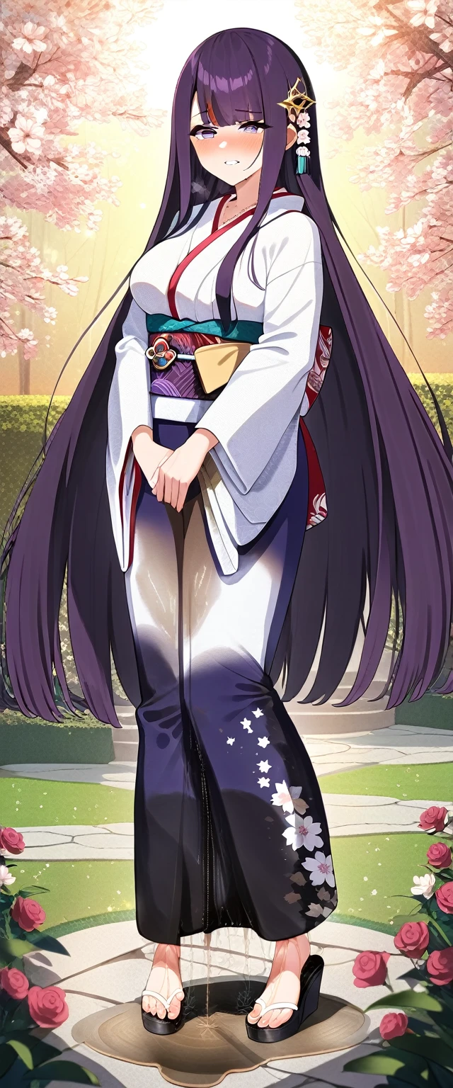 (masterpiece:1.37), best quality, (extremely detailed:1.37), (1girl:1.5), woman, (mature:1.5), (adult:1.5), large breasts, very long hair, (straight hair:1.5), (very dark purple hair:1.5), purple eyes, (extremely detailed eyes:1.37), (furisode:2.0), desperation, (wetting self:2.0), standing, embarrassed, humiliation, blushing, angry, cherry blossoms, garden, (golden hour:1.5), full body