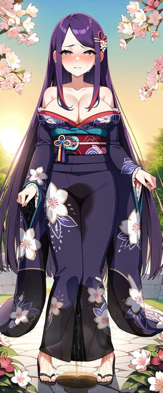 (masterpiece:1.37), best quality, (extremely detailed:1.37), (1girl:1.5), woman, (mature:1.5), (adult:1.5), large breasts, very long hair, (straight hair:1.5), (very dark purple hair:1.5), purple eyes, (extremely detailed eyes:1.37), (furisode:2.0), desperation, (wetting self:2.0), standing, embarrassed, humiliation, blushing, angry, cherry blossoms, garden, (golden hour:1.5), full body
