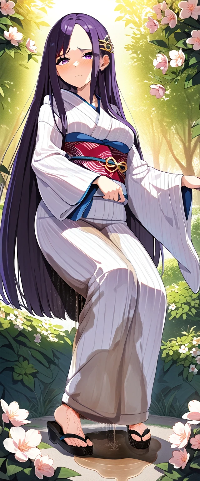(masterpiece:1.37), best quality, (extremely detailed:1.37), (1girl:1.5), woman, (mature:1.5), (adult:1.5), large breasts, very long hair, (straight hair:1.5), (very dark purple hair:1.5), purple eyes, (extremely detailed eyes:1.37), (furisode:2.0), desperation, (wetting self:2.0), standing, embarrassed, humiliation, blushing, angry, cherry blossoms, garden, (golden hour:1.5), full body
