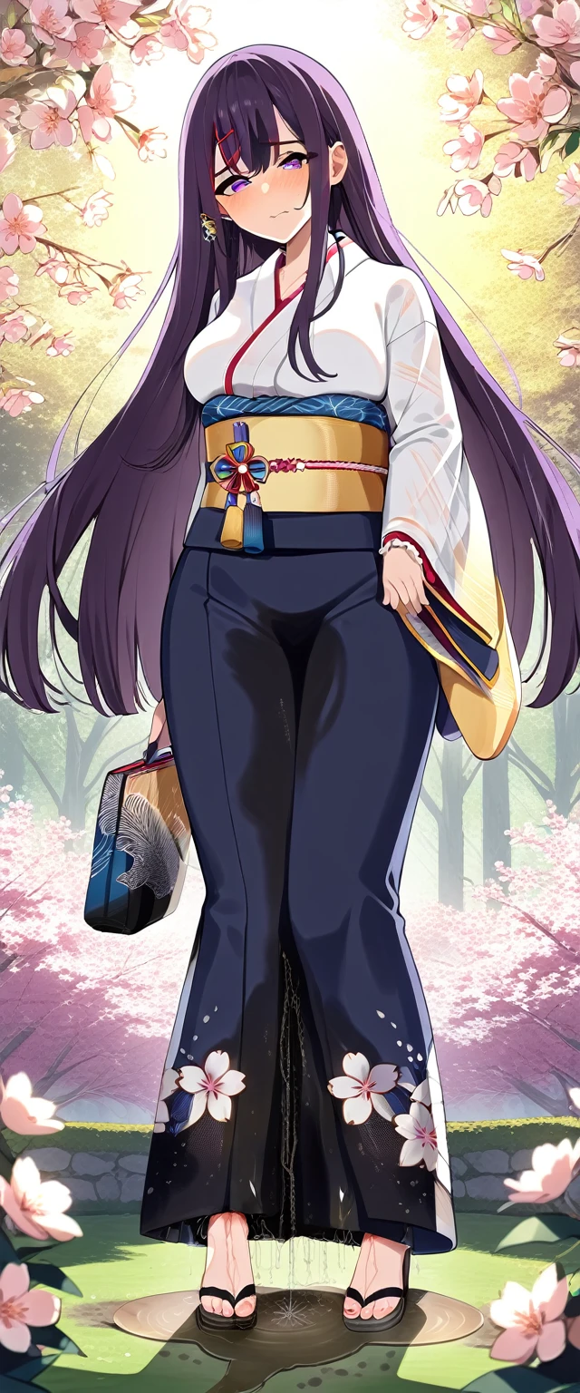 (masterpiece:1.37), best quality, (extremely detailed:1.37), (1girl:1.5), woman, (mature:1.5), (adult:1.5), large breasts, very long hair, (straight hair:1.5), (very dark purple hair:1.5), purple eyes, (extremely detailed eyes:1.37), (furisode:2.0), desperation, (wetting self:2.0), standing, embarrassed, humiliation, blushing, angry, cherry blossoms, garden, (golden hour:1.5), full body