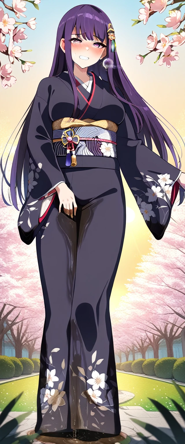 (masterpiece:1.37), best quality, (extremely detailed:1.37), (1girl:1.5), woman, (mature:1.5), (adult:1.5), large breasts, very long hair, (straight hair:1.5), (very dark purple hair:1.5), purple eyes, (extremely detailed eyes:1.37), (furisode:2.0), desperation, (wetting self:2.0), standing, embarrassed, humiliation, blushing, angry, cherry blossoms, garden, (golden hour:1.5), full body