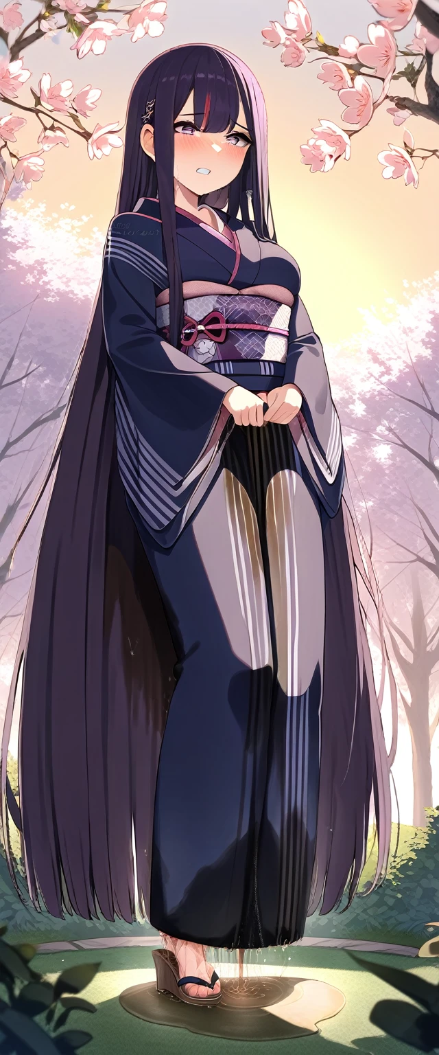 (masterpiece:1.37), best quality, (extremely detailed:1.37), (1girl:1.5), woman, (mature:1.5), (adult:1.5), large breasts, very long hair, (straight hair:1.5), (very dark purple hair:1.5), purple eyes, (extremely detailed eyes:1.37), (furisode:2.0), desperation, (wetting self:2.0), standing, embarrassed, humiliation, blushing, angry, cherry blossoms, garden, (golden hour:1.5), full body
