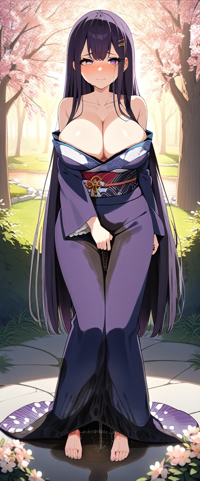 (masterpiece:1.37), best quality, (extremely detailed:1.37), (1girl:1.5), woman, (mature:1.5), (adult:1.5), large breasts, very long hair, (straight hair:1.5), (very dark purple hair:1.5), purple eyes, (extremely detailed eyes:1.37), (furisode:2.0), desperation, (wetting self:2.0), standing, embarrassed, humiliation, blushing, angry, cherry blossoms, garden, (golden hour:1.5), full body