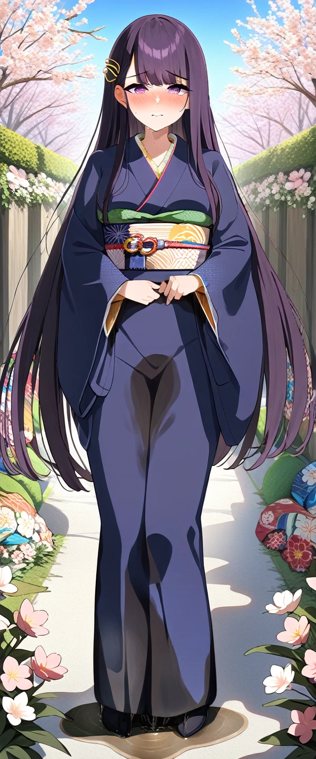 (masterpiece:1.37), best quality, (extremely detailed:1.37), (1girl:1.5), woman, (mature:1.5), (adult:1.5), large breasts, very long hair, (straight hair:1.5), (very dark purple hair:1.5), purple eyes, (extremely detailed eyes:1.37), (furisode:2.0), desperation, (wetting self:2.0), standing, embarrassed, humiliation, blushing, angry, cherry blossoms, garden, (golden hour:1.5), full body