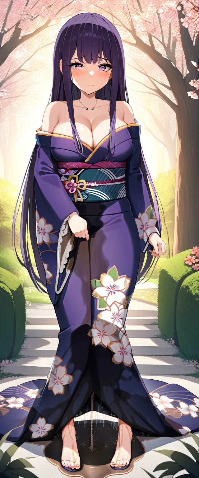 (masterpiece:1.37), best quality, (extremely detailed:1.37), (1girl:1.5), woman, (mature:1.5), (adult:1.5), large breasts, very long hair, (straight hair:1.5), (very dark purple hair:1.5), purple eyes, (extremely detailed eyes:1.37), (furisode:2.0), desperation, (wetting self:2.0), standing, embarrassed, humiliation, blushing, angry, cherry blossoms, garden, (golden hour:1.5), full body