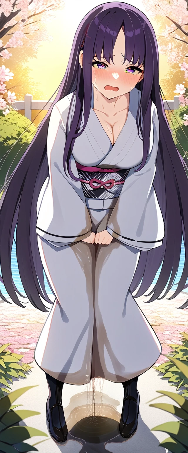 (masterpiece:1.37), best quality, (extremely detailed:1.37), (1girl:1.5), woman, (mature:1.5), (adult:1.5), large breasts, very long hair, (straight hair:1.5), (very dark purple hair:1.5), purple eyes, (extremely detailed eyes:1.37), (furisode:2.0), desperation, (wetting self:2.0), standing, embarrassed, humiliation, blushing, angry, cherry blossoms, garden, (golden hour:1.5), full body
