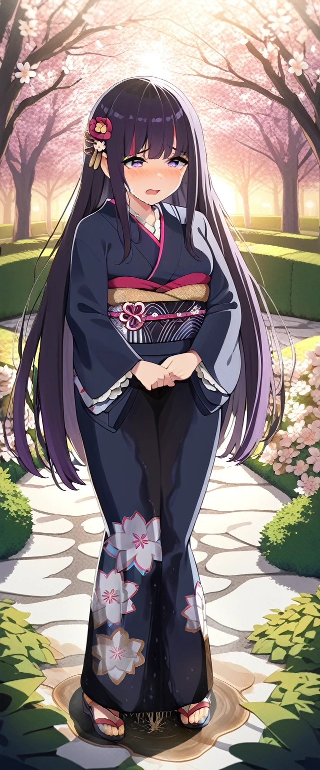 (masterpiece:1.37), best quality, (extremely detailed:1.37), (1girl:1.5), woman, (mature:1.5), (adult:1.5), large breasts, very long hair, (straight hair:1.5), (very dark purple hair:1.5), purple eyes, (extremely detailed eyes:1.37), (furisode:2.0), desperation, (wetting self:2.0), standing, embarrassed, humiliation, blushing, angry, cherry blossoms, garden, (golden hour:1.5), full body