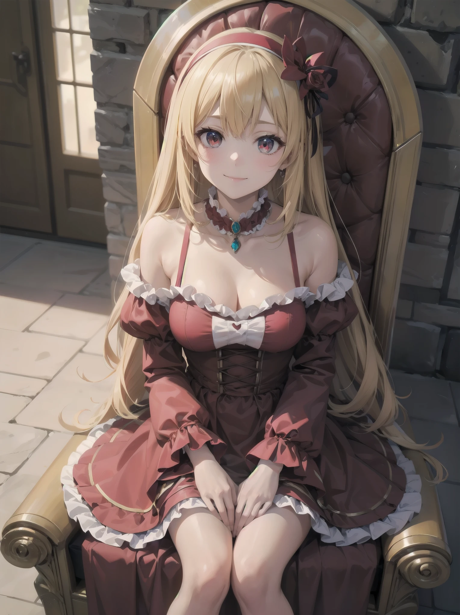 score_9, score_8_up, score_7_up, score_6_up, source_anime, 1girl, solo, defAlexia, long hair, blonde hair, red hairband, brooch, red ballgown, puffy sleeves, frilled sleeves, looking at you, smile, sitting on throne, throne, indoors, stone walls, worried, hand to own chest