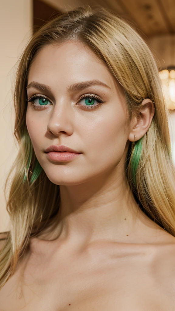 Create a feminine face with a thin nose,medium thick lips,marked jaw and large green eyes,light and blonde skin