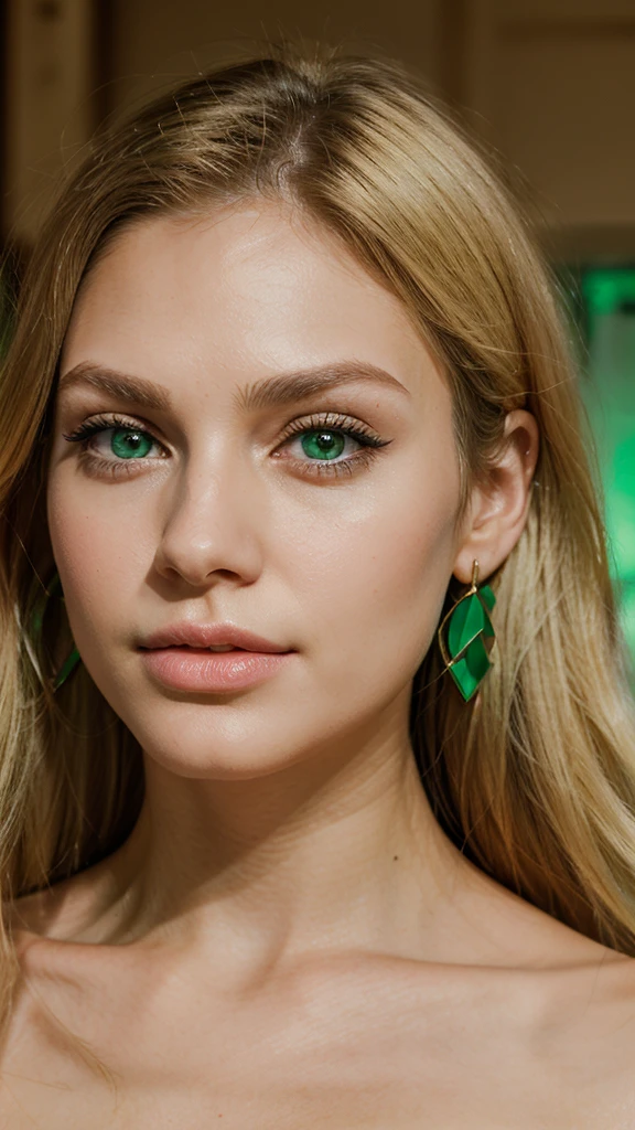 Create a feminine face with a thin nose,medium thick lips,marked jaw and large green eyes,light and blonde skin