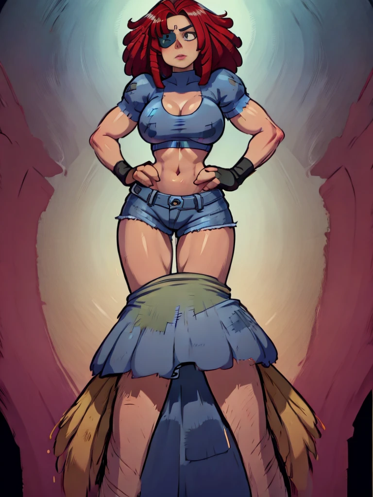 ((full bodyesbian)), (Simple background), 1woman, ((High resolution)), (simple background), (white backgrounid:1.3), Ragatha's appearance resembles that of a living ragdoll with stitching on its body, with red, yarn-like hair, a flat, slightly older woman, reddish-orange triangular nose, and one blue button eye, is wearing boxing gloves black and body muscular, (((blue eye patch))), she wears black sports bra and shorts, the biceps on her arms are flexed, her lips are slightly parted, showing a hint of determination and resiliencia, wearing boxing gloves black, flexing her biceps, stands in a challenging pose, hands on hips, with a full-body representation.