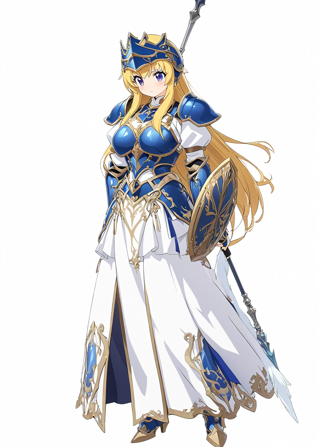 Highest quality, high resolution, High quality game art style, whole body,Valkyrie,Official Art, Smooth game CG art,Cute 3D anime girl render, Visual Novel Sprites, White background,Smooth game CG art, (((Woman with a long spear))),A woman wearing a white dress and blue armor, An intricately designed helmet with white feathers,Small shield, (((Has an exquisite long spear))),Exquisite Blue Armor,Golden Hair, long hair, female knight, Rin々Shii,Don't like to think,Large Bust,17 years old,