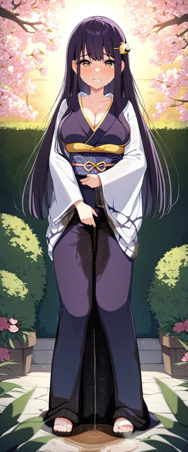 (masterpiece:1.37), best quality, (extremely detailed:1.37), (1girl:1.5), woman, (mature:1.5), (adult:1.5), large breasts, very long hair, (straight hair:1.5), (very dark purple hair:1.5), purple eyes, (extremely detailed eyes:1.37), (furisode:2.0), constellation-print furisode, desperation, (wetting self:2.0), standing, embarrassed, humiliation, blushing, angry, cherry blossoms, garden, (golden hour:1.5), full body