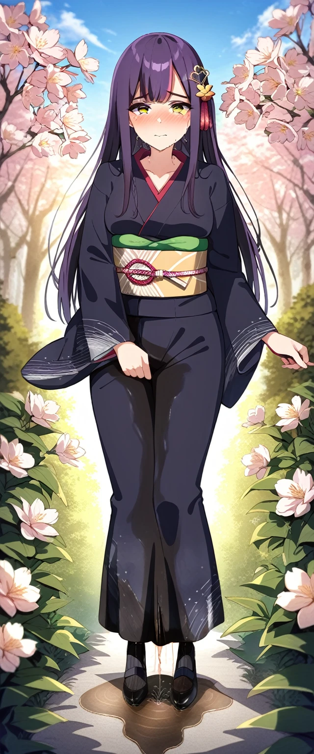 (masterpiece:1.37), best quality, (extremely detailed:1.37), (1girl:1.5), woman, (mature:1.5), (adult:1.5), large breasts, very long hair, (straight hair:1.5), (very dark purple hair:1.5), purple eyes, (extremely detailed eyes:1.37), (furisode:2.0), constellation-print furisode, desperation, (wetting self:2.0), standing, embarrassed, humiliation, blushing, angry, cherry blossoms, garden, (golden hour:1.5), full body