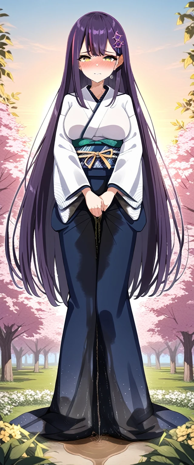 (masterpiece:1.37), best quality, (extremely detailed:1.37), (1girl:1.5), woman, (mature:1.5), (adult:1.5), large breasts, very long hair, (straight hair:1.5), (very dark purple hair:1.5), purple eyes, (extremely detailed eyes:1.37), (furisode:2.0), constellation-print furisode, desperation, (wetting self:2.0), standing, embarrassed, humiliation, blushing, angry, cherry blossoms, garden, (golden hour:1.5), full body