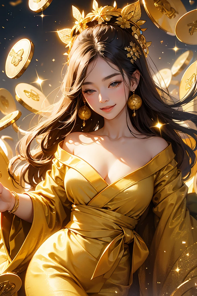 A beautiful woman in a gold kimono smiles against the backdrop of a mountain of gold nuggets, gold coins, and gold dust sparkling in the air.