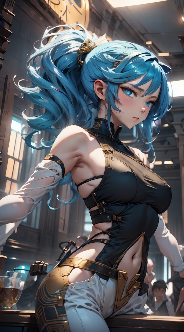 Woman, blue colored eyes, light eye tone blue hair, hair color tone too light, very long hair length, wavy hair style, middle parted hair hairstyle. wearing top, yellow top color, spaghetti strap sleeveless top style, Jeas pants, white pants color. Woman dançando, local nigth club, dark place, lights on her, people dancing around, People having fun.