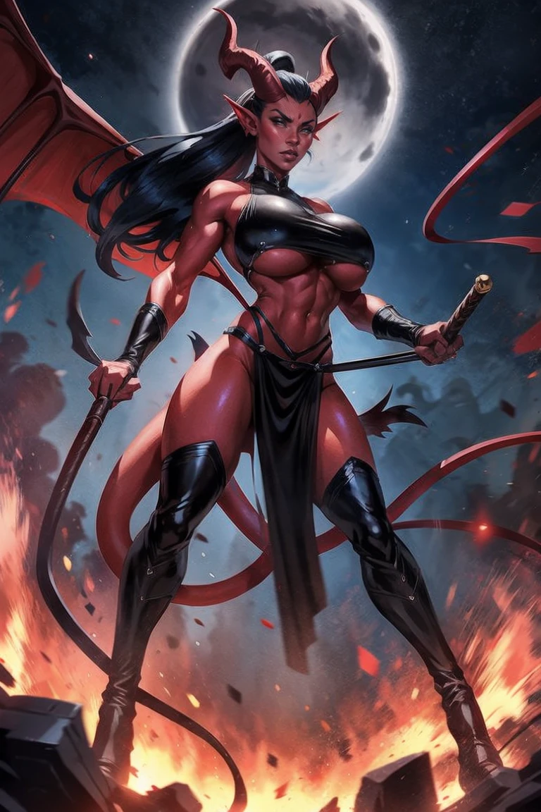 Red skin succubus tiefling, digitigrade legs, full breasts, medium breasts, black horns, wings, huge tail, black leather, crop top, long flowing pelvic curtain, tall, toned, graceful, thin, long black ponytail. Action scene, whip. Dark scene, explosions, night sky.