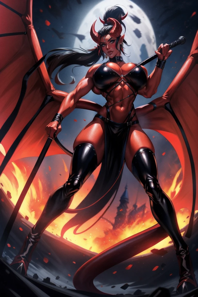 Red skin succubus tiefling, digitigrade legs, full breasts, medium breasts, black horns, wings, huge tail, black leather, crop top, long flowing pelvic curtain, tall, toned, graceful, thin, long black ponytail. Action scene, whip. Dark scene, explosions, night sky.