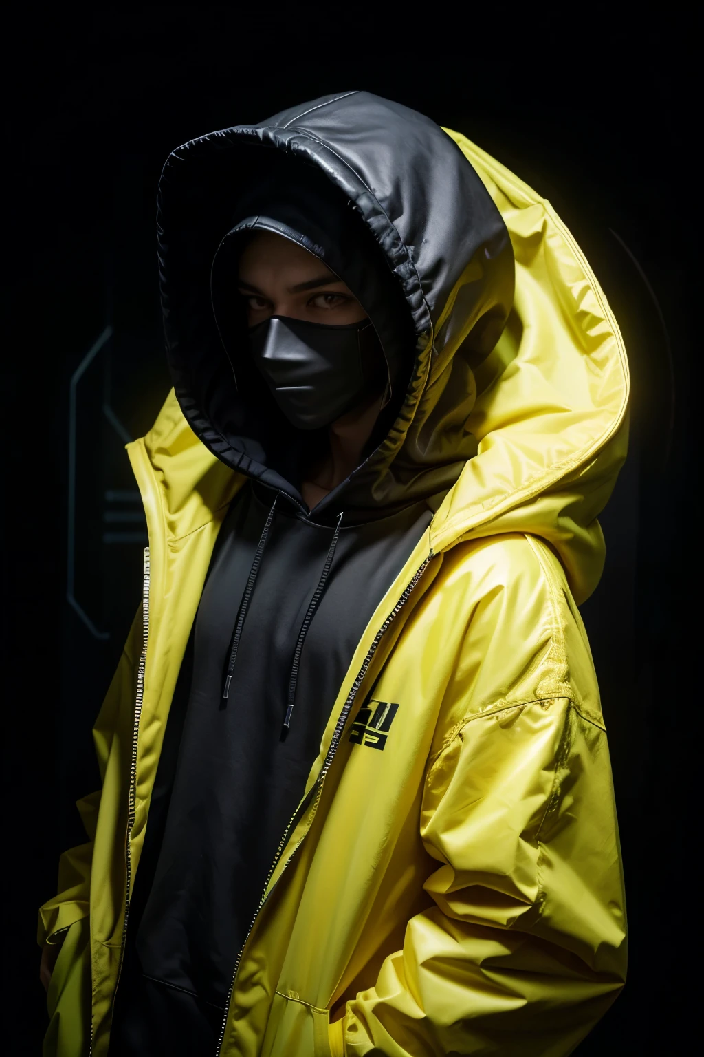 a hooded male character in neon yellow, wearing a mask, dark, darkly styled character, hacker, sideways to the right, turned 90 degrees to the right, hand in pocket, side profile to the right