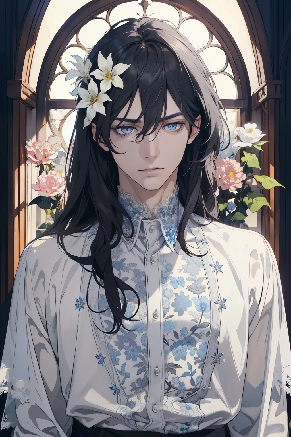 1 man, Realistic, master-piece, bestquality, Beautiful, detailed eyes and detailed faces.,natural light, European retro, White shirt, lace, Long dark blsck hair, blue grey eyes, attractive, depressed, Decorative flowers, sunbeam, 31 years.