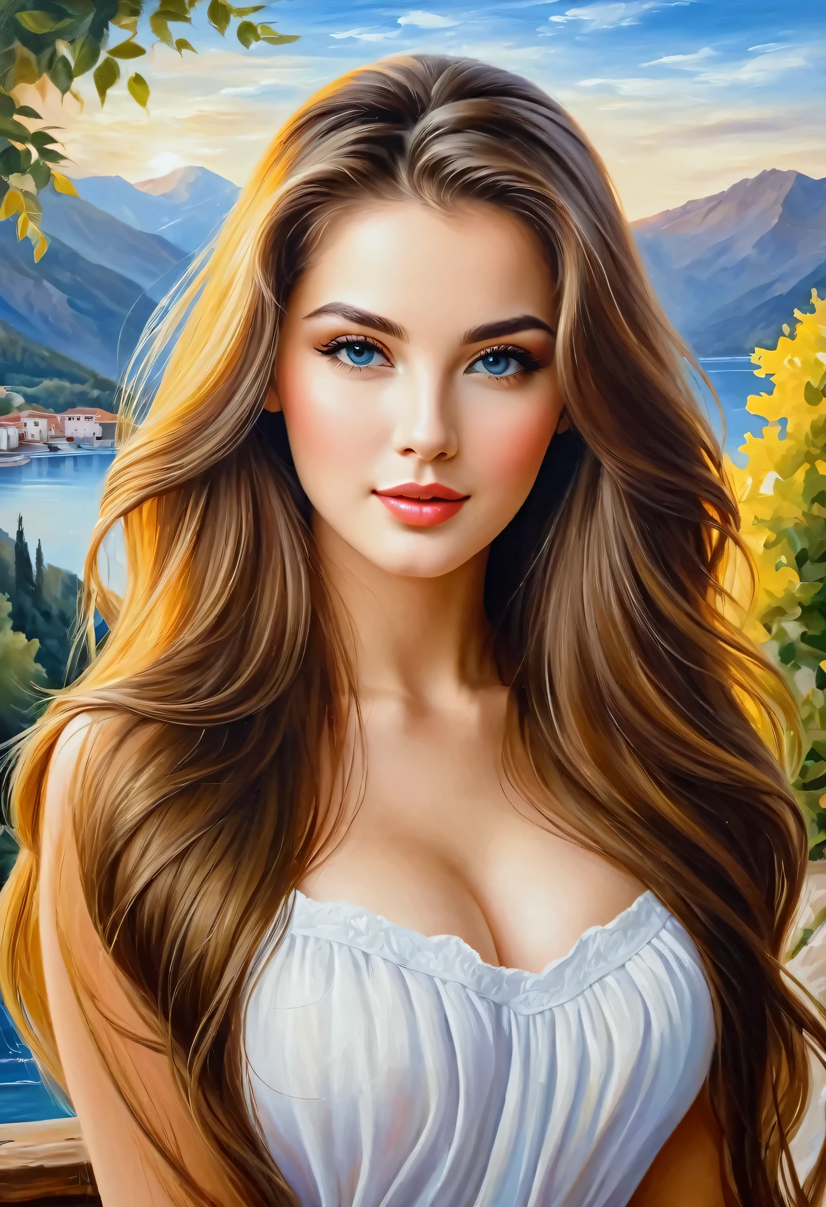 oil painting, Masterpiece artwork, Beautiful woman, ((unique beauty)), beautiful setting, beautiful young, long hair,