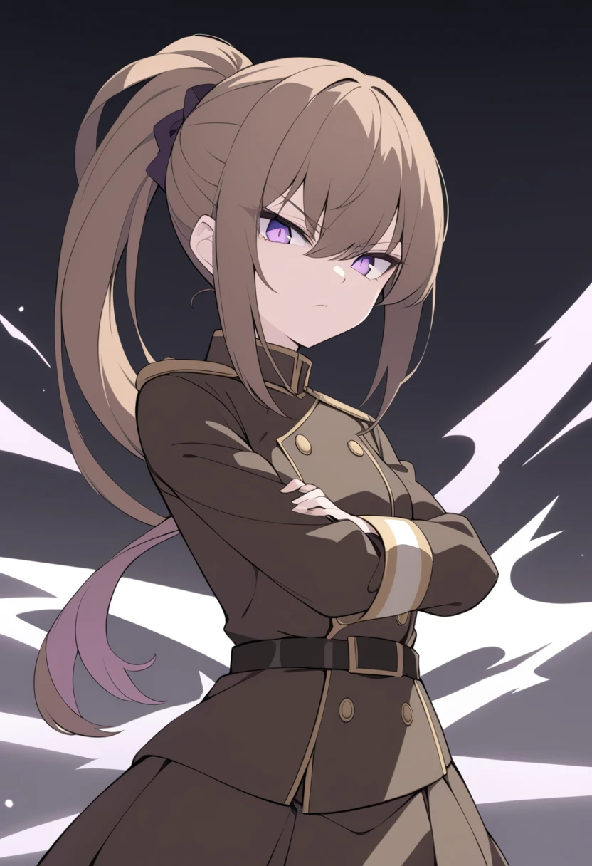 Illustrate a full-body anime girl with long, flowing brown  in a ponytail hair, side view, her arm crossed while glaring at the viewer wearing a military uniform with fold buttons and a combat skirt, styled in a way that accentuates her strength and commanding presence. The character should have sharp,  violet determined eyes and a serious expression.