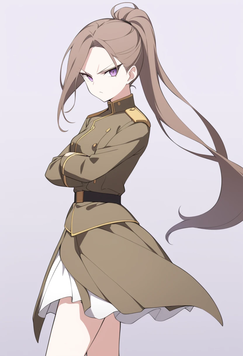 Illustrate a full-body anime girl with long, flowing brown in a ponytail hair, side view, her arm crossed while glaring at the viewer wearing a military uniform with fold buttons and a combat skirt, styled in a way that accentuates her strength and commanding presence. The character should have sharp, violet determined eyes and a serious expression.