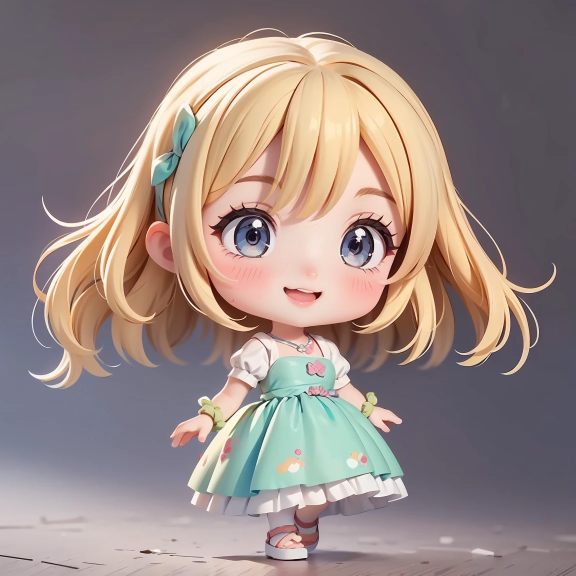 Super Chibi Character:1.8、wearing cute sandals、background:Simple all over、Blonde Hair、Cute 7 year old girl、Cinderella Dresses、Various expressions:1.8、Various poses with moving arms:1.8、Looking this way、Super Happy Smile:1.8